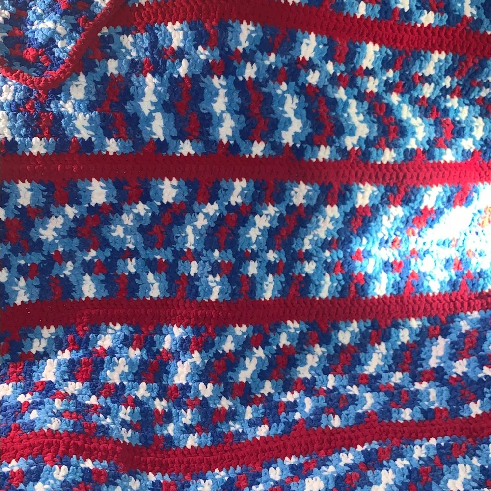 Colorful Red White Blue Handmade Crochet Blanket Afghan Apprx. 50x52 inches - Picture 12 of 16